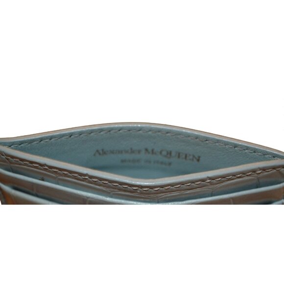 Alexander McQueen Sky Blue Croc Embossed Leather Skull Card Holder - Picture 4 of 4
